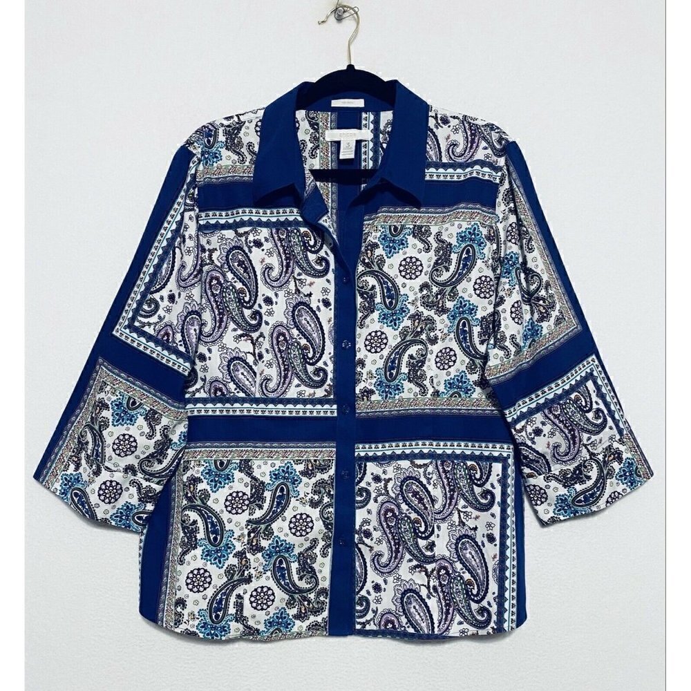Chicos 3 Womens No Iron Paisley Print Top 3/4 Sleeves Blue Cotton Boho XL 16
